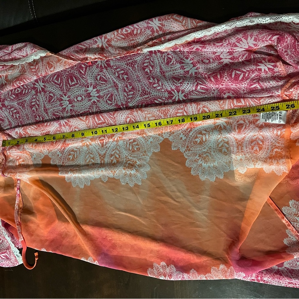 In Bloom Ombre Bright Pink & Orange Boho Beach Sheer Lace Kimono Robe, Size M - Picture 10 of 11